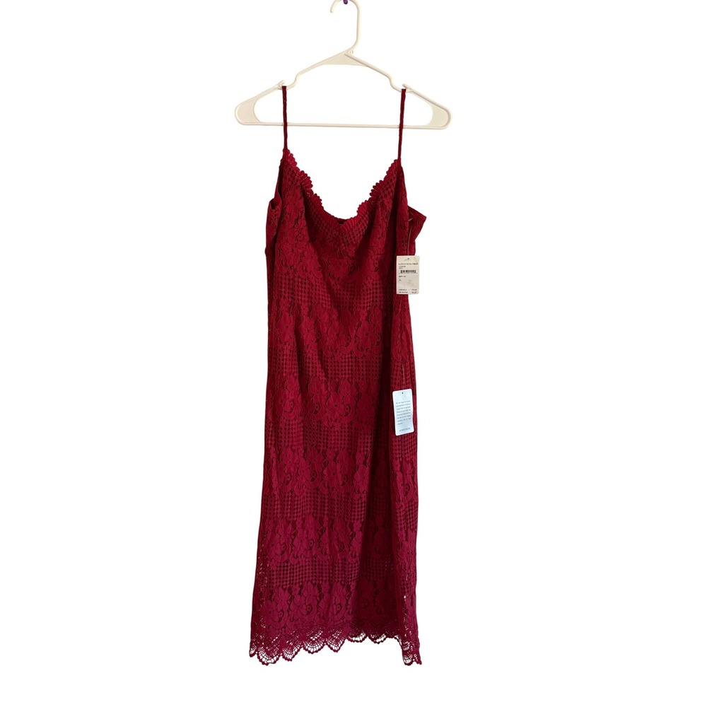 NSR Red Floral Lace Midi Dress Scalloped Neckline Spaghetti Strap Size XL NWT